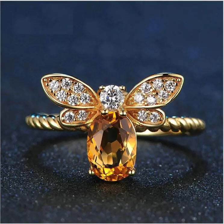 Citrine Bee Charm Ring in Sterling Silver