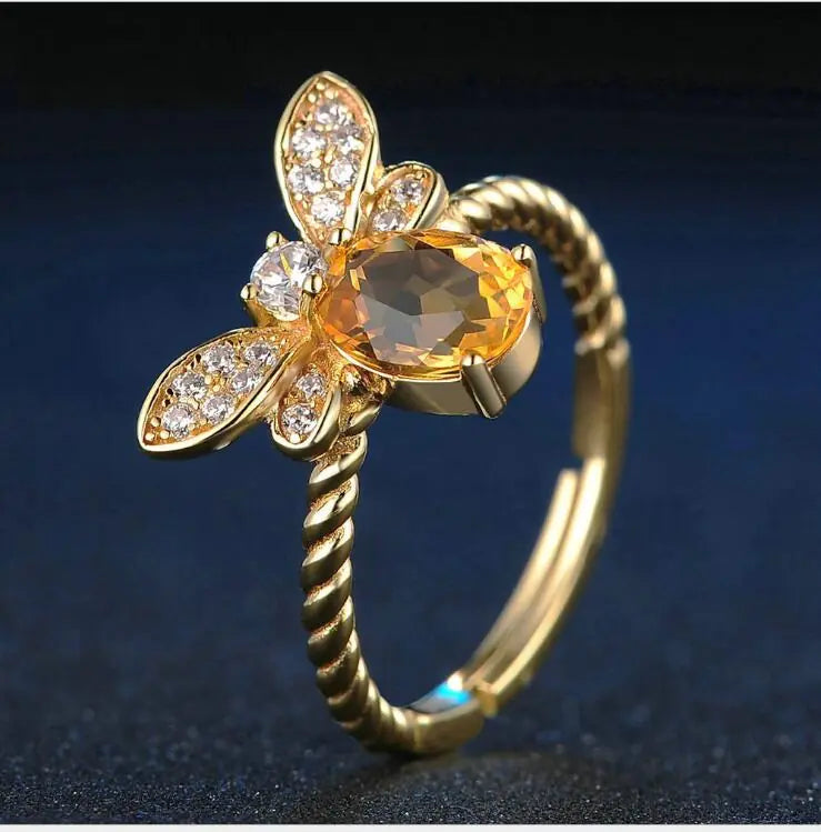 Citrine Bee Charm Ring in Sterling Silver