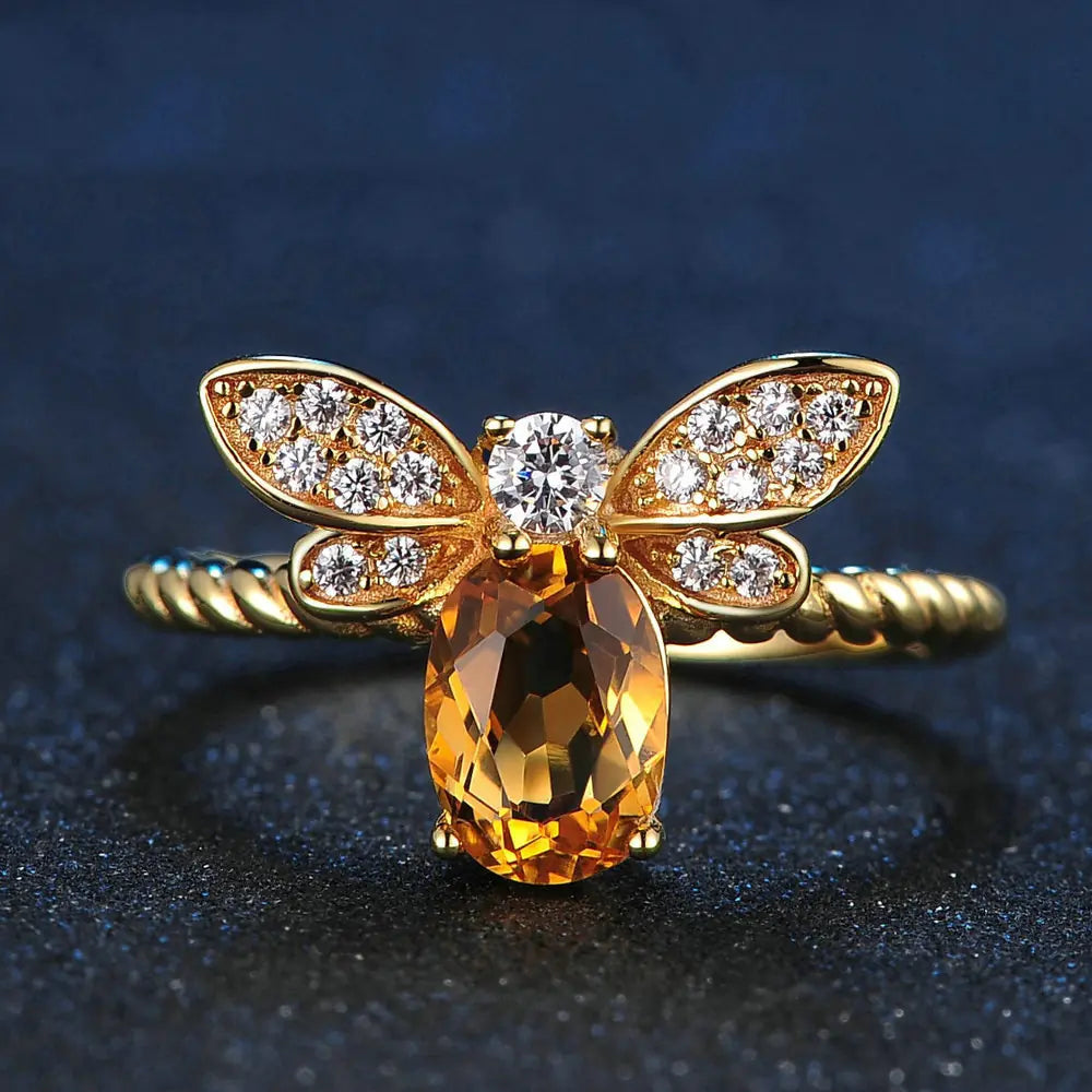Citrine Bee Charm Ring in Sterling Silver