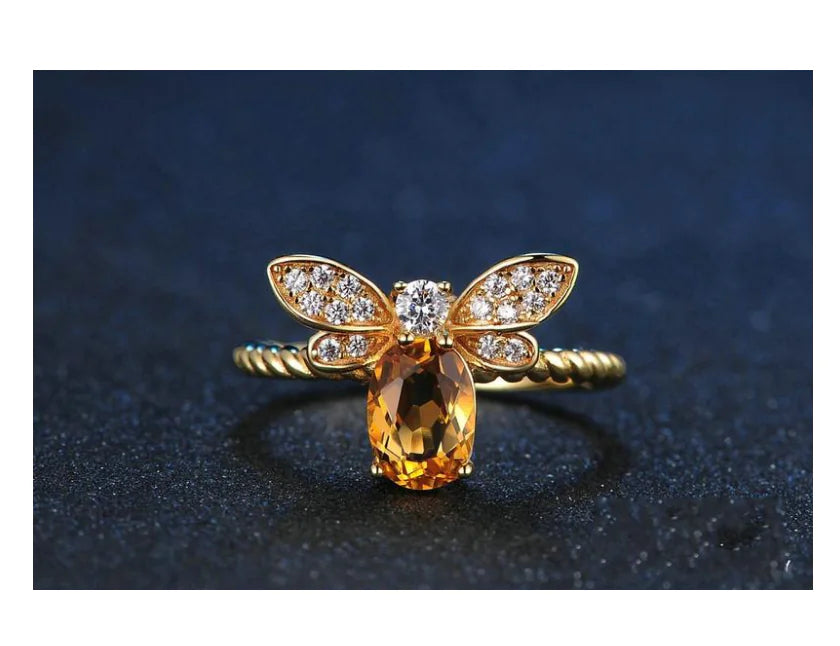 Citrine Bee Charm Ring in Sterling Silver